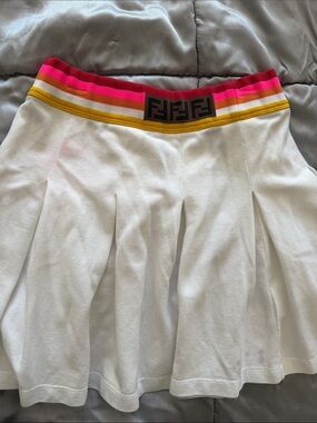 Fendi White Pleated Tennis Skirt with Pink, Orange and Yellow Striped Waistband